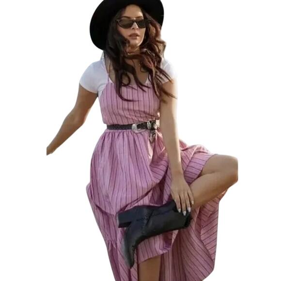 ZARA Pink Striped Ruffle Hem Midi Sundress Crisscross Back Size M - Picture 1 of 15